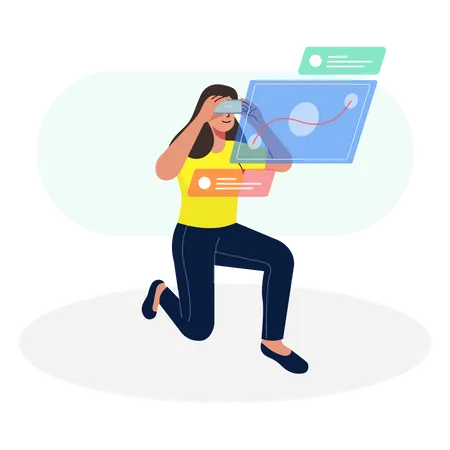 Mujer haciendo análisis de negocios usando VR  Ilustración