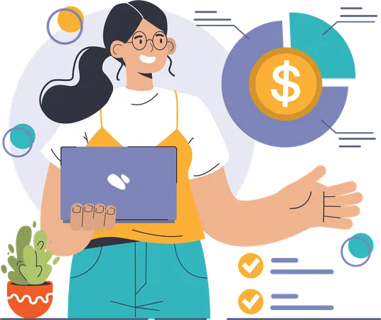 Mujer haciendo análisis financiero  Ilustración