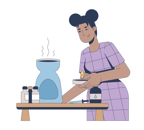 Mujer haciendo aromaterapia con aceites esenciales.  Ilustración