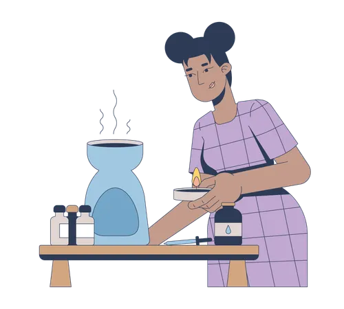 Mujer haciendo aromaterapia con aceites esenciales.  Ilustración