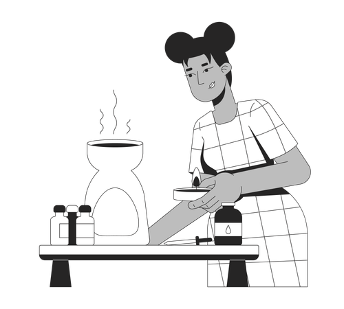 Mujer haciendo aromaterapia con aceites esenciales.  Ilustración