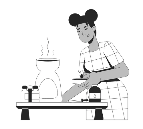 Mujer haciendo aromaterapia con aceites esenciales.  Ilustración