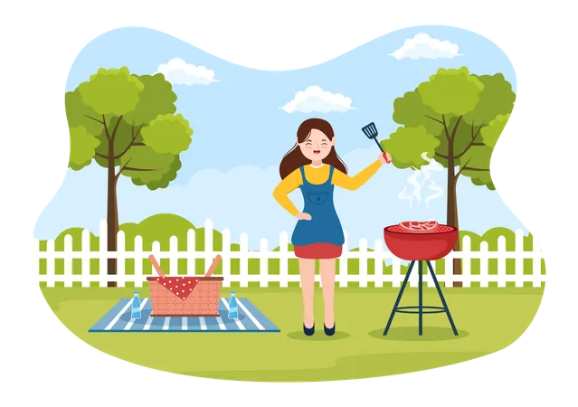 Mujer haciendo barbacoa en el patio trasero  Ilustración