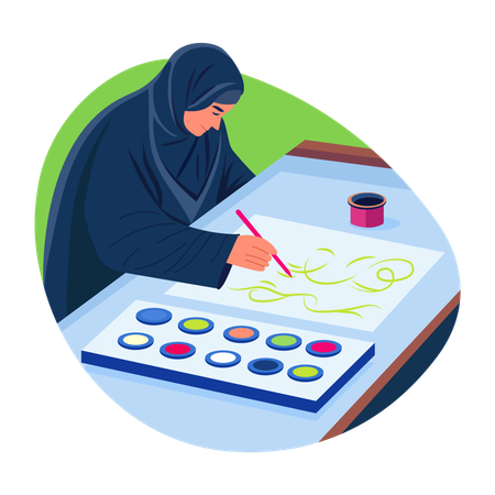 Mujer haciendo pintura caligráfica  Ilustración