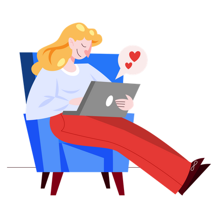 Mujer haciendo charla romántica en la computadora portátil  Ilustración