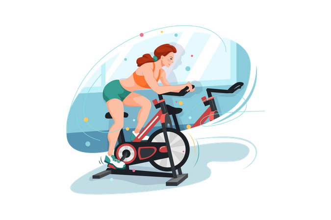 Mujer haciendo ciclismo en el gimnasio.  Ilustración