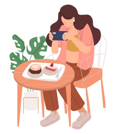 Mujer haciendo clic en la foto de la comida  Ilustración