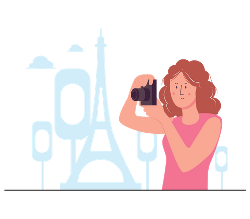 Mujer haciendo clic en la foto de la torre eiffel  Ilustración