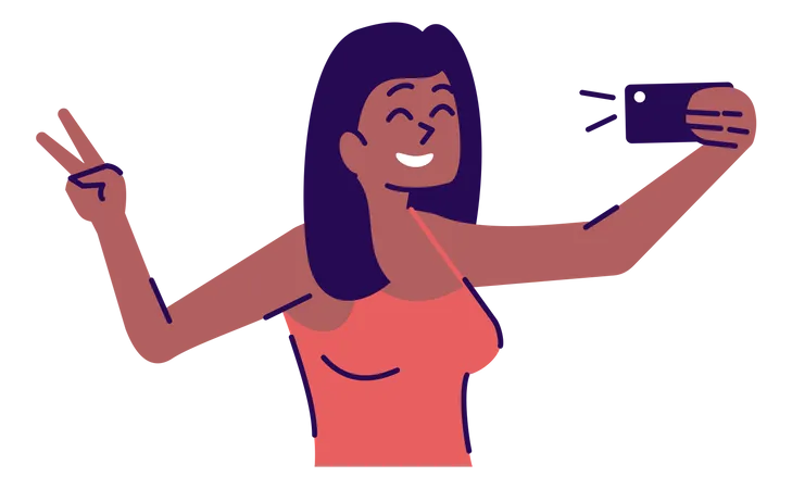 Ilustracion De Vector Plano De Pose Selfie Mujer Feliz Tomandose Una Foto Chica Sonriente Mostrando El Signo V Para Retrato En Un Telefono Inteligente Fotografia De Telefono Movil Personaje De Dibujos Animados Aislado Sobre Fondo Gris Ilustración
