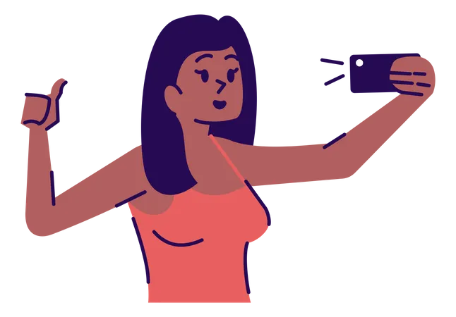 Ilustracion De Vector Plano De Pose Selfie Mujer Tomandose Una Foto Chica Sonriente Mostrando El Pulgar Hacia Arriba Para Un Retrato En La Camara Del Telefono Inteligente Fotografia De Telefono Movil Personaje De Dibujos Animados Aislado Sobre Fondo Gris Ilustración