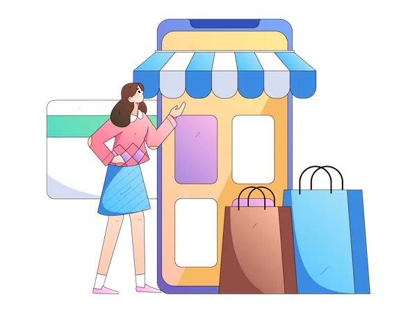 Mujer haciendo compras basadas en web  Ilustración