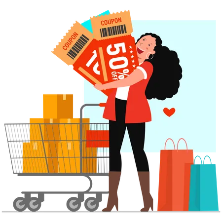 Mujer haciendo compras con descuento  Ilustración