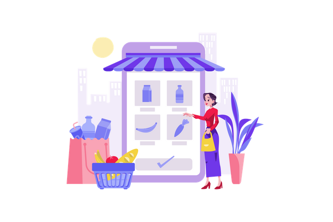 Mujer haciendo compras de comestibles en línea  Ilustración