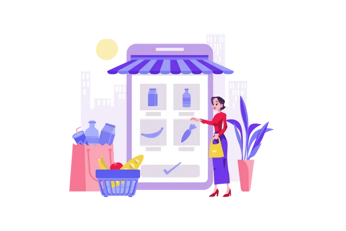Mujer haciendo compras de comestibles en línea  Ilustración