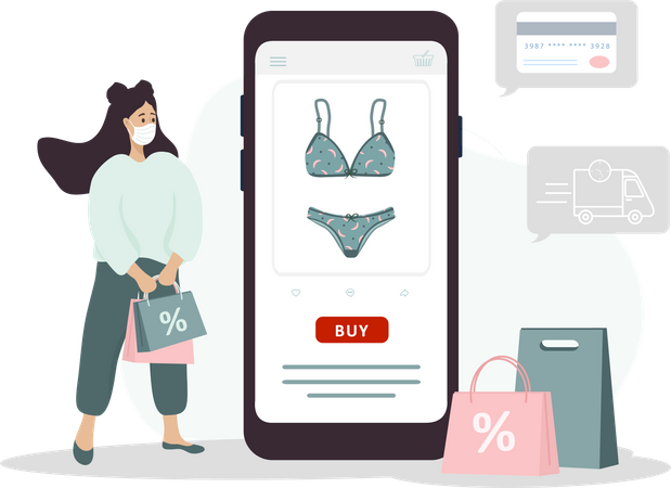 Mujer haciendo compras de lencería online  Ilustración