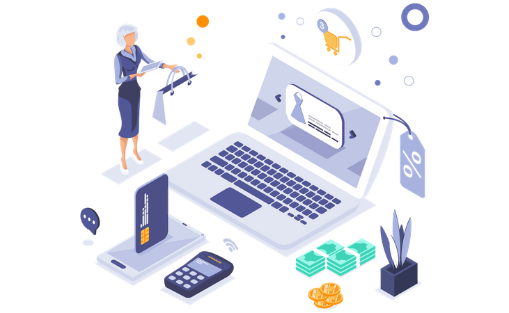 Mujer haciendo compras de moda online  Ilustración