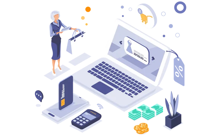 Mujer haciendo compras de moda online  Ilustración