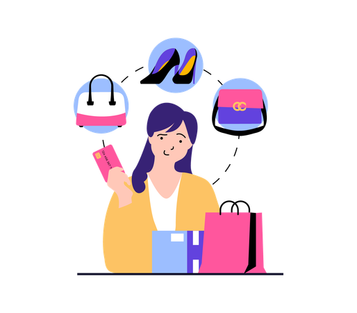 Mujer haciendo compras de productos de moda.  Ilustración