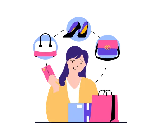 Mujer haciendo compras de productos de moda.  Ilustración