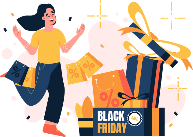 Mujer haciendo compras del Viernes Negro  Ilustración