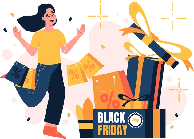 Mujer haciendo compras del Viernes Negro  Ilustración