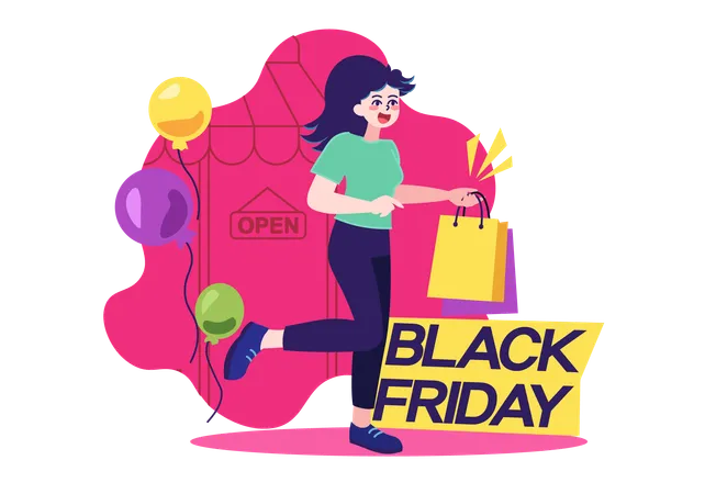 Mujer haciendo compras del Viernes Negro  Ilustración