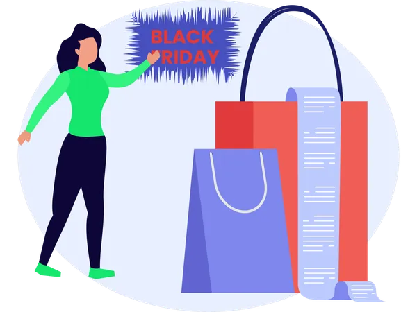 Mujer haciendo compras del Viernes Negro  Ilustración