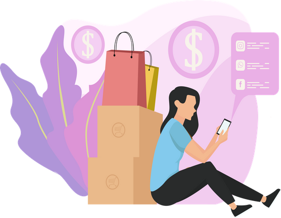 Mujer haciendo compras en el móvil  Ilustración