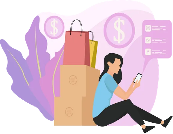 Mujer haciendo compras en el móvil  Ilustración