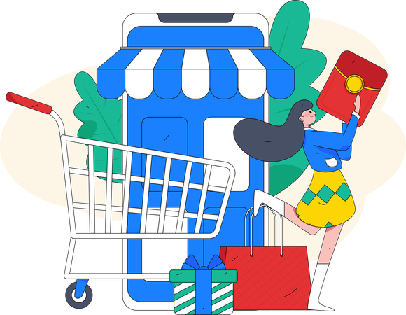 Mujer haciendo compras en línea  Ilustración