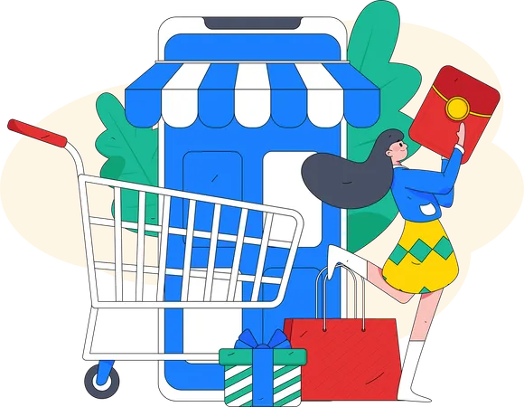 Mujer haciendo compras en línea  Ilustración