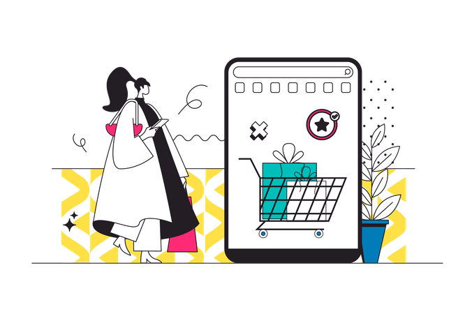 Mujer haciendo compras en línea  Ilustración