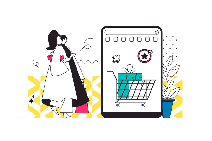 Mujer haciendo compras en línea  Ilustración