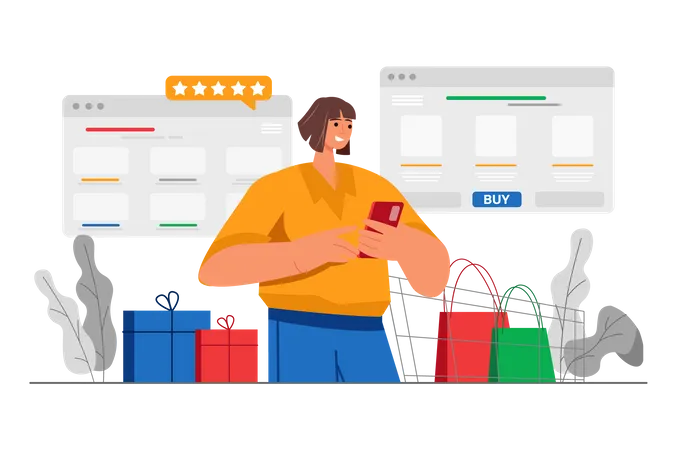 Mujer haciendo compras en línea  Ilustración