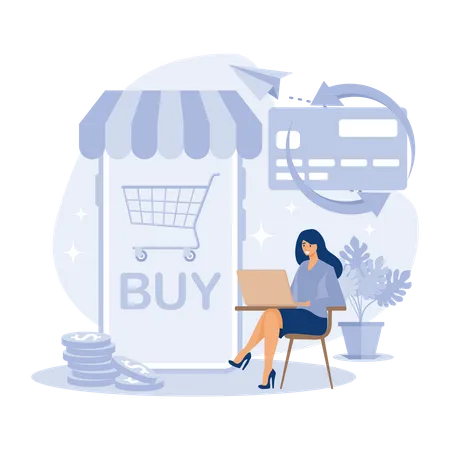 Mujer haciendo compras en línea  Ilustración