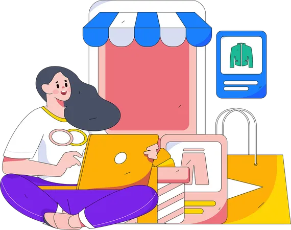 Mujer haciendo compras en línea en una computadora portátil  Ilustración