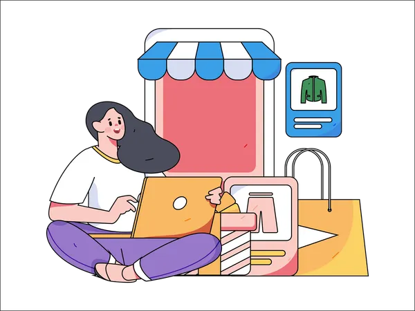 Mujer haciendo compras en línea en una computadora portátil  Ilustración