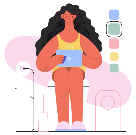 Mujer haciendo compras en línea mientras está sentada en el baño  Ilustración