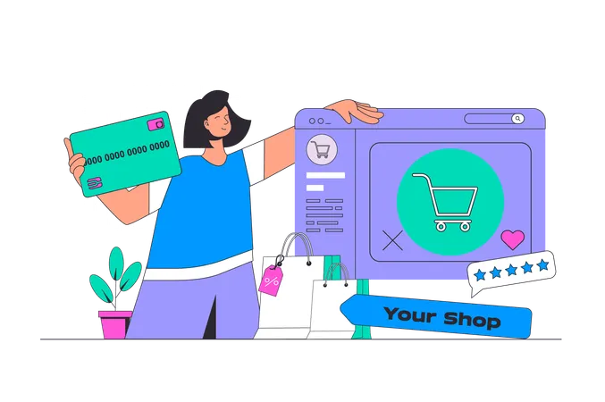 Mujer haciendo compras en línea mientras realiza el pago con tarjeta  Ilustración
