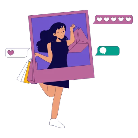 Mujer haciendo compras en redes sociales  Ilustración