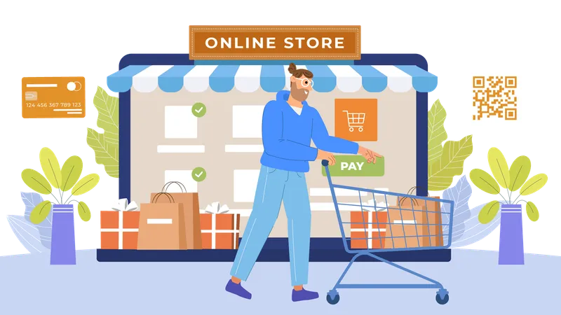 Mujer haciendo compras en la tienda online  Ilustración