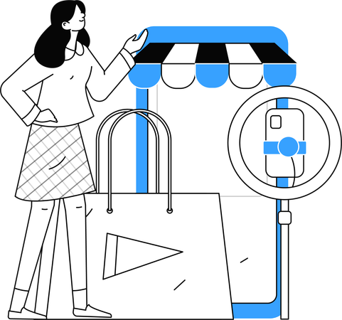 La mujer está haciendo podcast de compras.  Ilustración