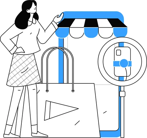 La mujer está haciendo podcast de compras.  Ilustración