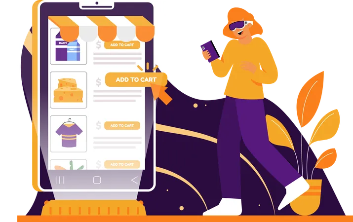 Mujer haciendo compras virtuales  Ilustración