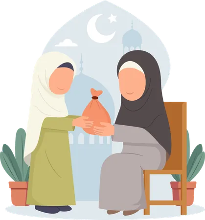 Mujer haciendo donación en zakat  Ilustración