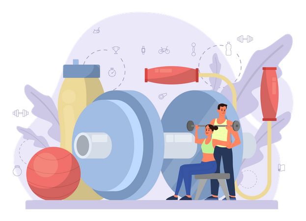 Mujer haciendo ejercicio con entrenador de gimnasio  Illustration