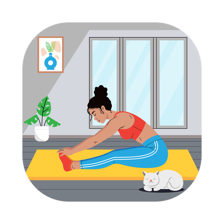 Mujer haciendo ejercicio de estiramiento con flexión hacia adelante sentada  Ilustración