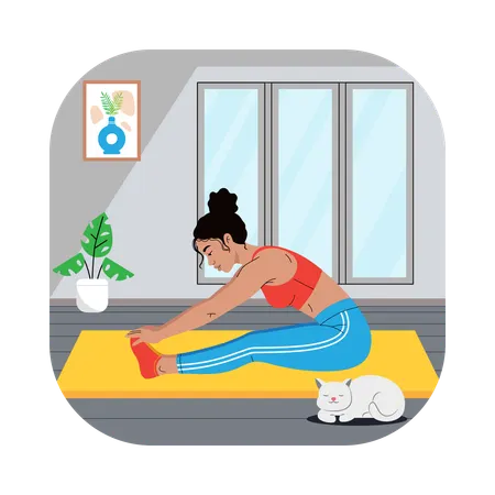 Mujer haciendo ejercicio de estiramiento con flexión hacia adelante sentada  Ilustración