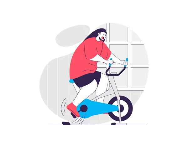 Mujer haciendo ejercicio en bicicleta de gimnasio  Ilustración