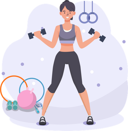 Mujer haciendo ejercicio en el gimnasio sosteniendo mancuernas  Ilustración